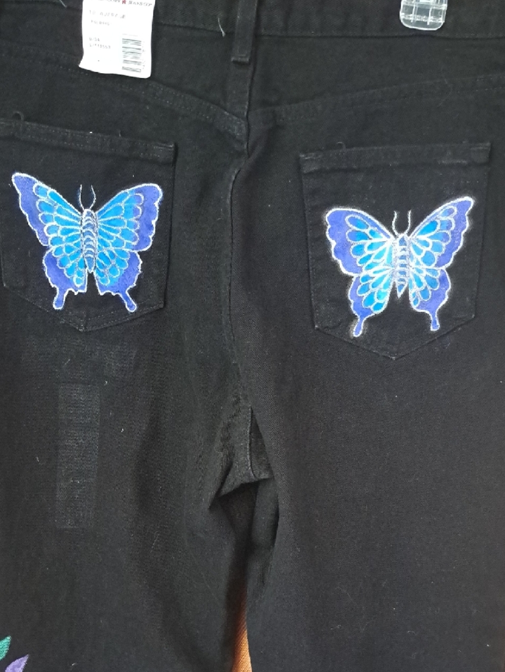 Hand Painted Black Jeans with Blue Butterfly & Vines  Flowers - Picture 7 of 11